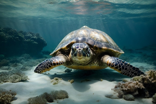 A close up of a sea turtle under the sea