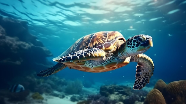 Close up of a Sea Turtle swimming in the clear Ocean Natural Background with beautiful Lighting