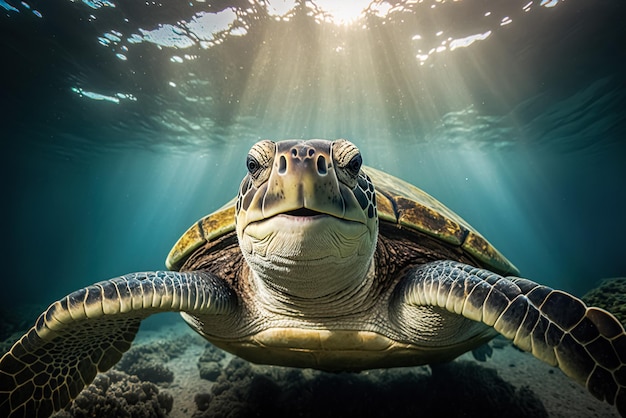 Close up of a sea turtle underwater Endangered wildlife and ocean ecosystem concept Generative AI