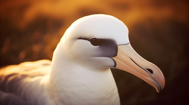 A close up of a seabird with the sun shining on the beak