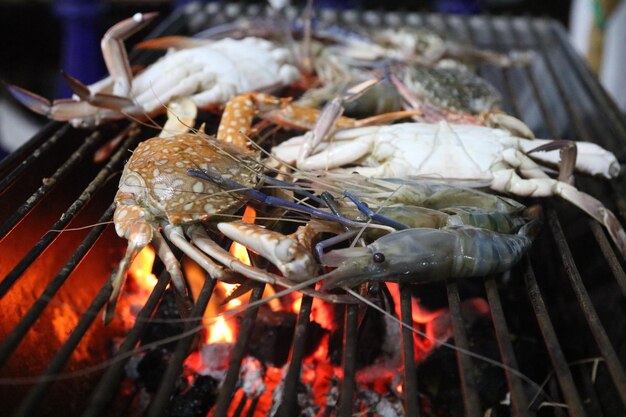 Close-up of seafood on barbecue grill