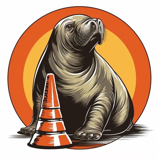 a close up of a seal sitting next to a cone generative ai