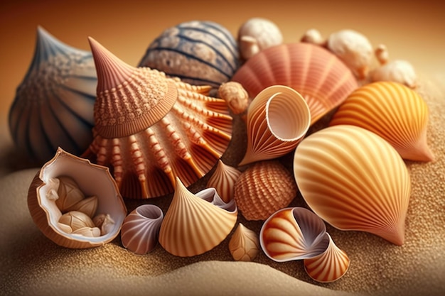 Close up of seashells in sand created using generative ai technology