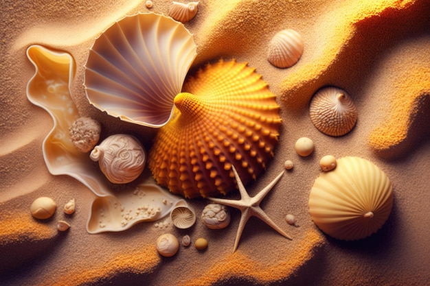 Close up of seashells in sand created using generative ai technology