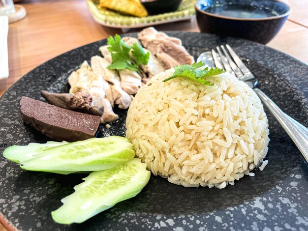 Close up and selective focus steamed rice topped with chicken on black plate at restaurant