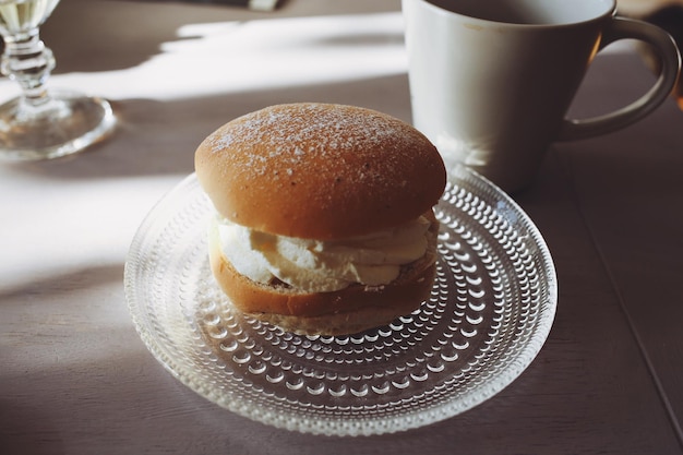 Close-up of semla  on table