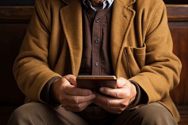 Close up of senior man hands holding mobile phone Generative AI