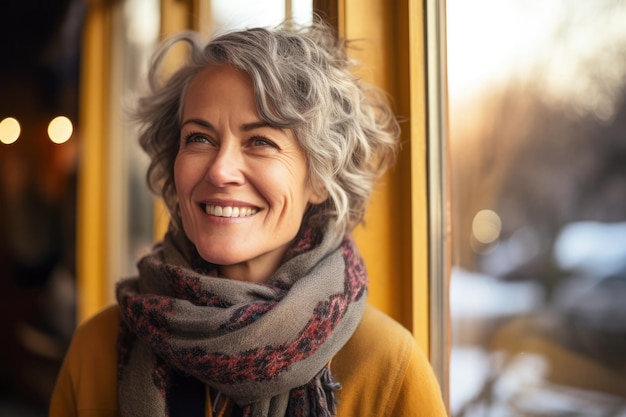 Close up of a senior woman contemplating a winter scene from her window