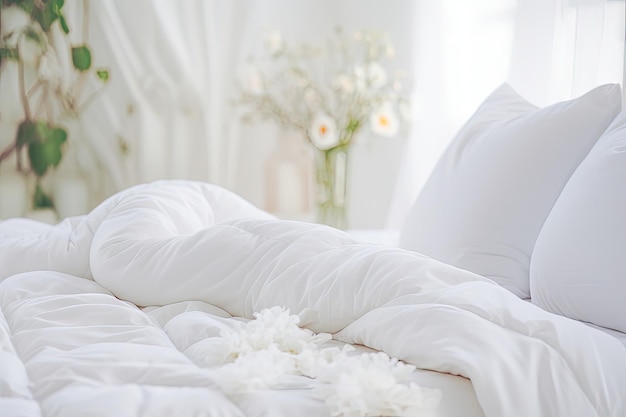 빈 침대 위에 베개와 담요가 놓인 고요한 흰색 침실을 가까이서 보세요.