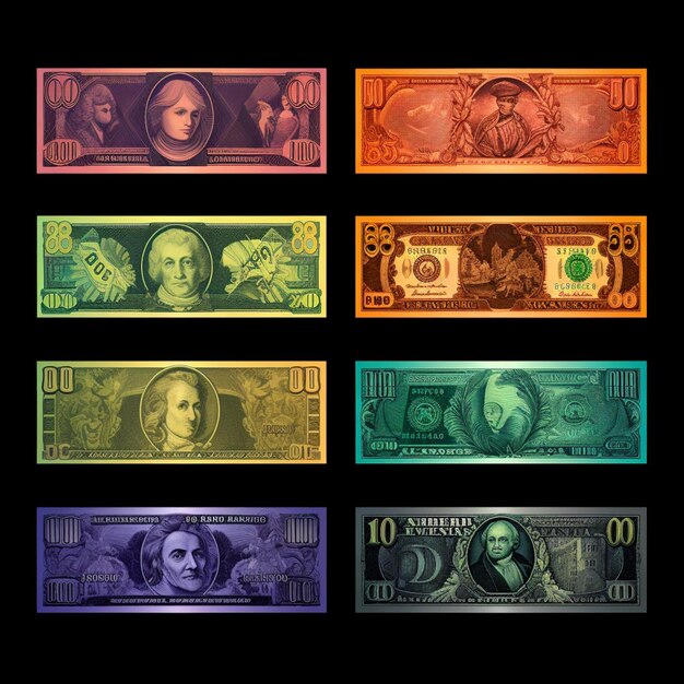 Photo a close up of a series of five different colored bills generative ai