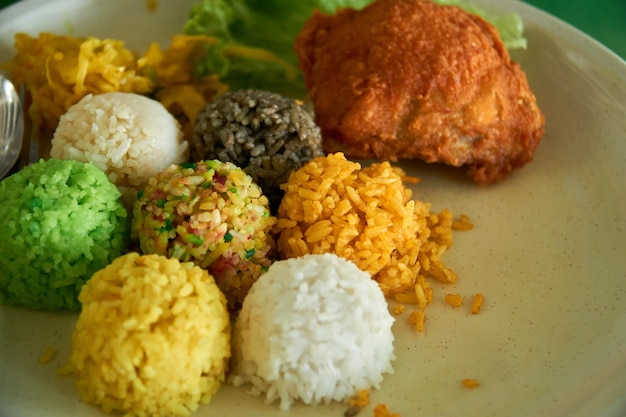 Photo close-up of served 7 types of rice in plate