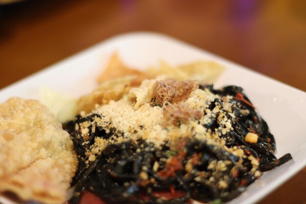 Close-up of served food in plate