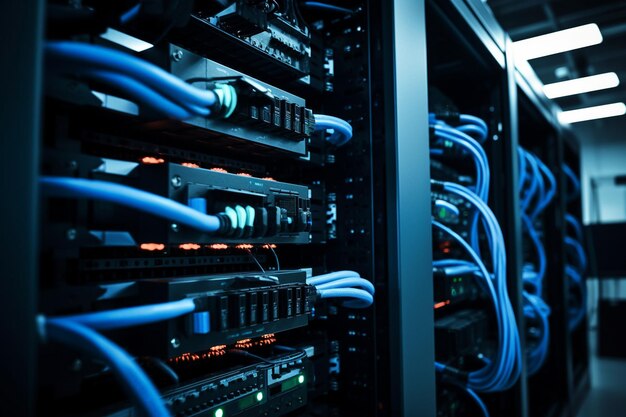 Photo close up of a server rack with a shallow depth of field highlighting specific components