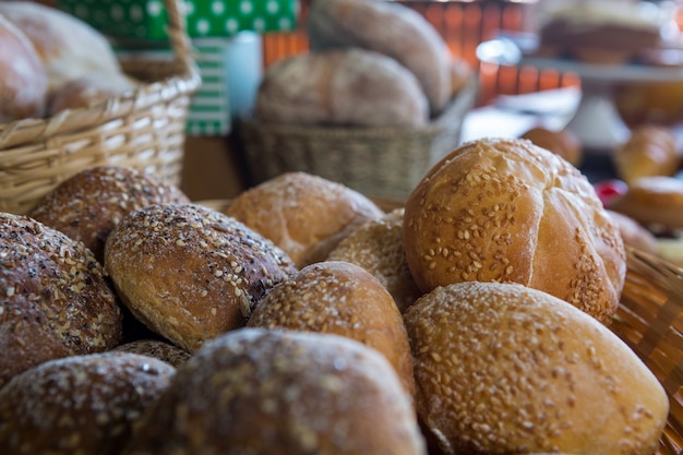 Close-up of sesame breads in basket