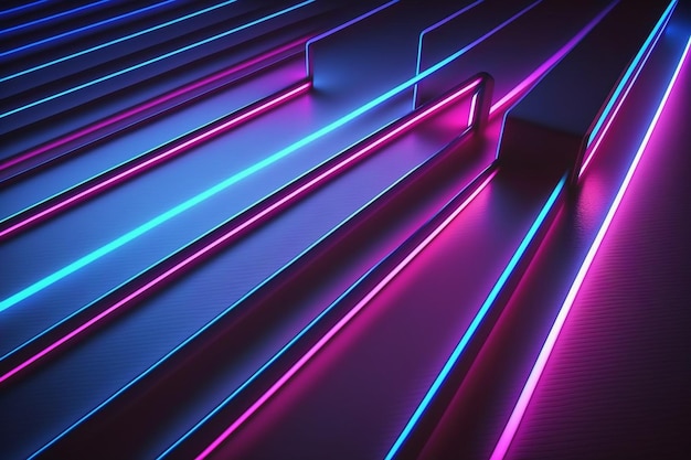 A close up of a set of stairs with neon lights.