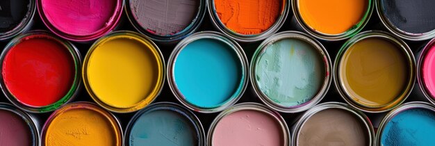 A close up of several containers of paint in different colors showcasing a vibrant array of hues and