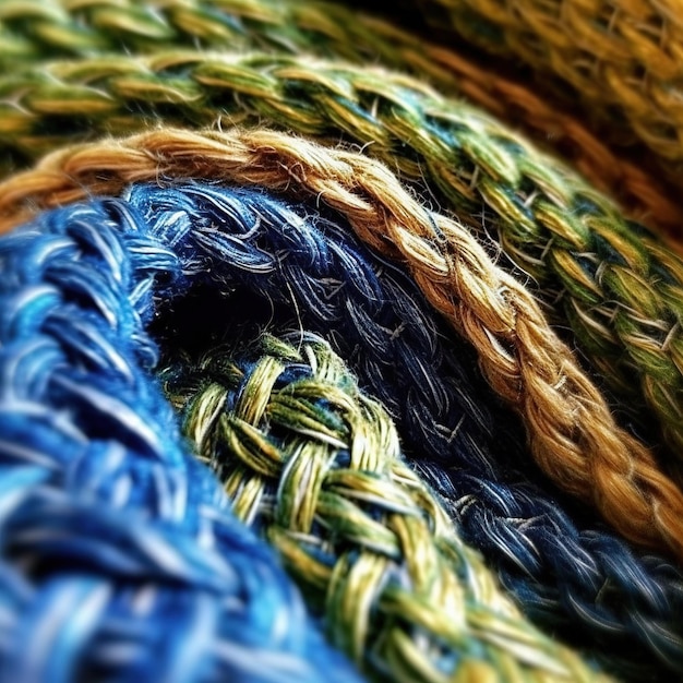 A close up of several woven ropes in different colors