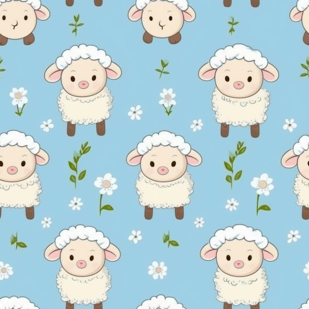 Photo a close up of a sheep with flowers on a blue background generative ai