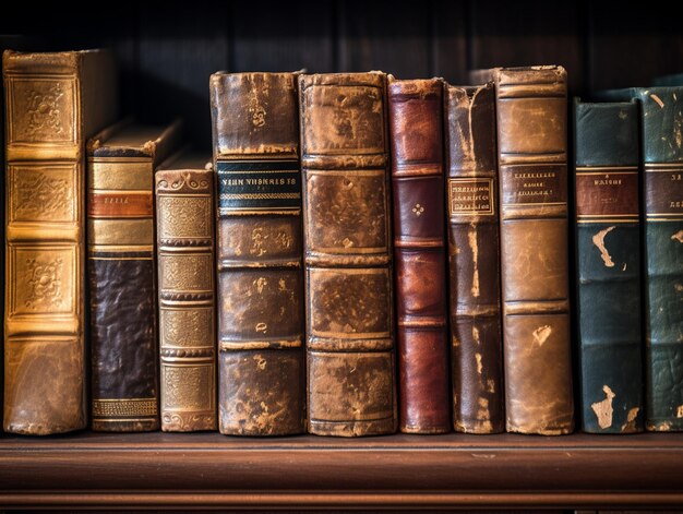 A close up of a shelf of old books on a shelf generative ai