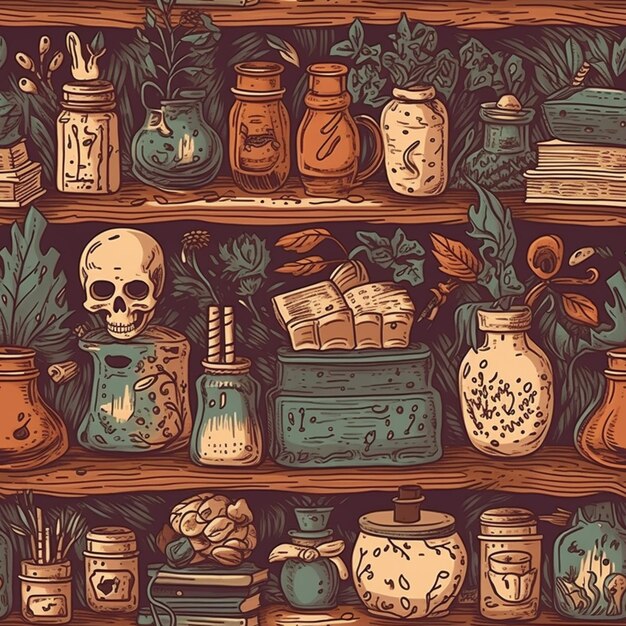 a close up of a shelf with various jars and jars generative ai