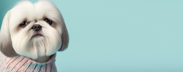 Close up of a Shih Tzu dog with a blue pastel background Dog fashion photo Generative AI