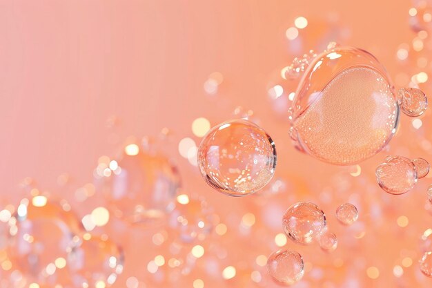 Close up of shiny face serum molecules pastel peach fuzz background