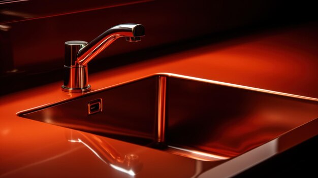 A close up of a shiny metal sink with the faucet on ai