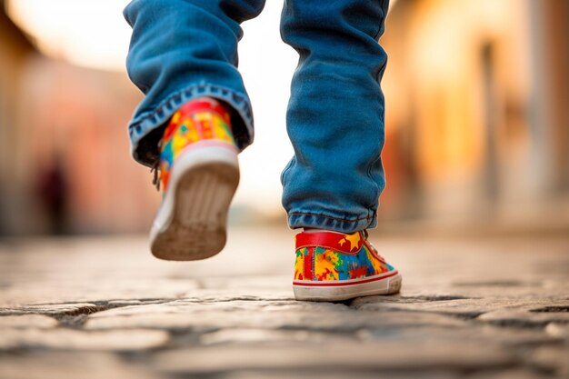 Photo close up on shoe of autistic child walking child mental health concept world autism awareness day adolescent autism spectrum disorder awareness concept