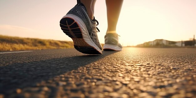 Close up on the shoe Runner athlete feet running on the road under sunlight in the morning AI Generative