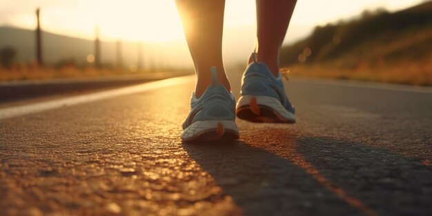 朝の太陽光の下で道路を走るランナーのアスリートの足を靴にクローズアップ AIジェネレーティブ