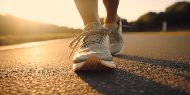 Close up on the shoe Runner athlete feet running on the road under sunlight in the morning AI Generative