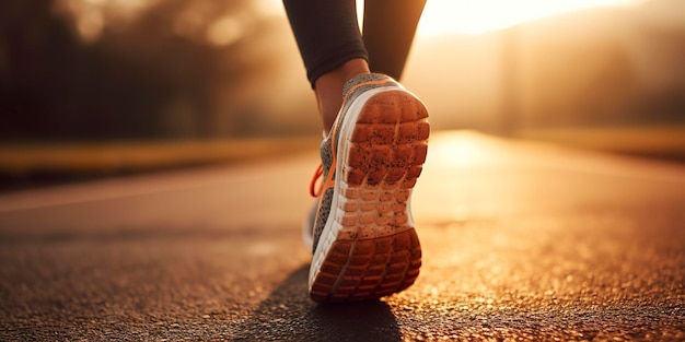 Close up on the shoe Runner athlete feet running on the road under sunlight in the morning AI Generative