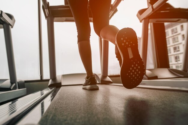 Close up on shoe,Women running in a gym on a treadmill.exercising concept.fitness and healthy lifestyle.