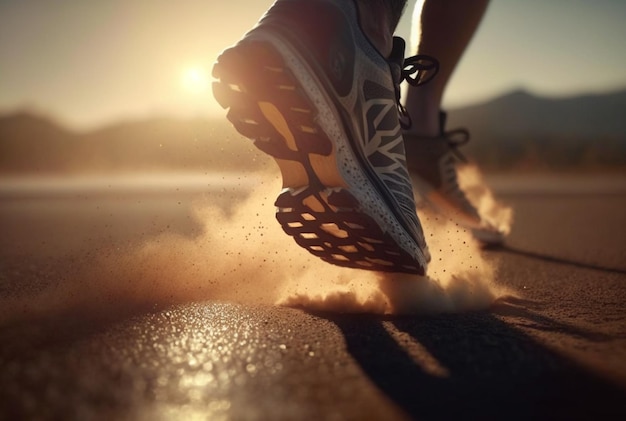Крупный план обуви спортсмена, бегущего по улице на солнце утром, генеративный ай