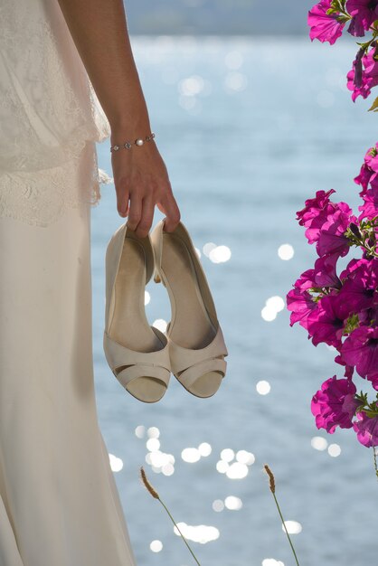 Close-up on the shoes of the bride