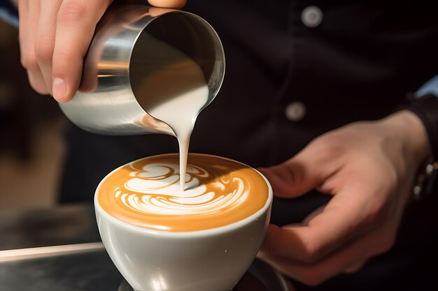 Foto primo piano spara al barista che prepara un'arte del latte