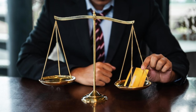 Close up Shoot of Judge Hand holding credit cardMoney And Protection On Weigh Scales