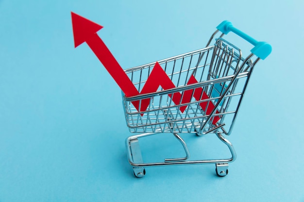 Photo close-up of shopping cart on blue background