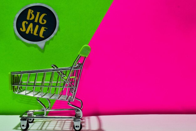 Photo close-up of shopping cart with big sale text on colored background