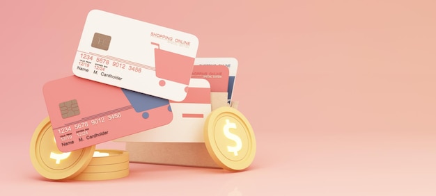 Close up of shopping online design on credit card levitating\
template mockup bank credit card with online service isolated on\
pink background digital coin wallet copy space 3d rendering
