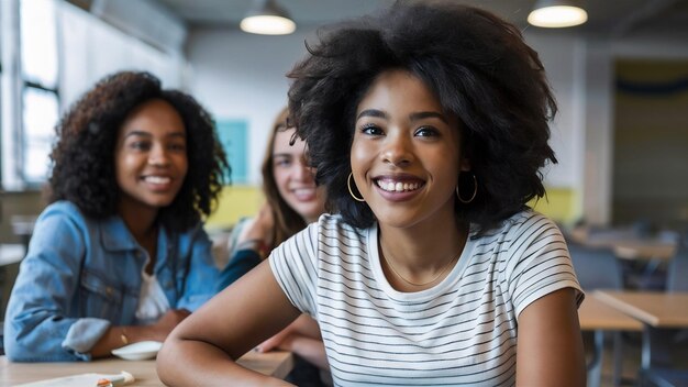 Close up shot of adorable african american woman has broad smile wears striped t shirt being in g