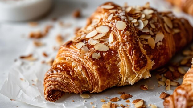 Close up shot of a Almond Croissant against white background