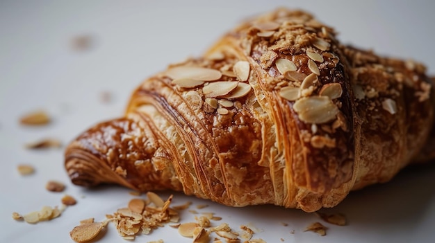 Close up shot of a Almond Croissant against white background