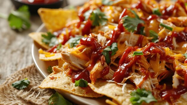 Photo close up shot of bbq chicken nachos