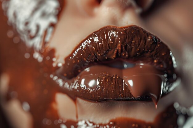 Photo close up shot of beautiful woman lips with chocolate girl licking her lips conceptual image