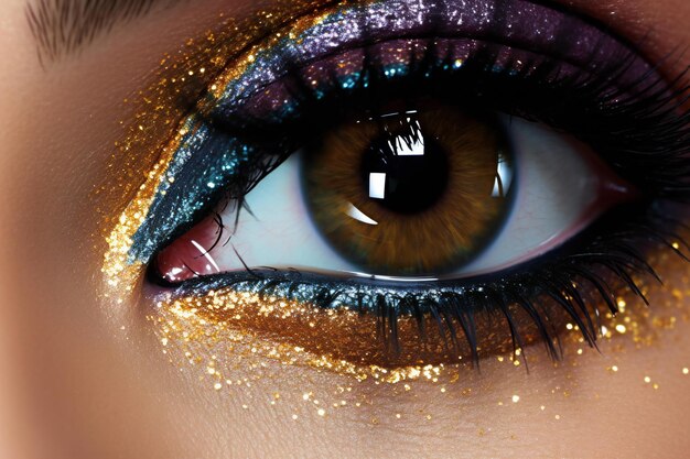 Close up shot of beautiful woman's eye with golden makeup