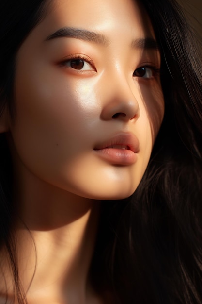 Photo close up shot of beauty asian face with good aesthetic morning light