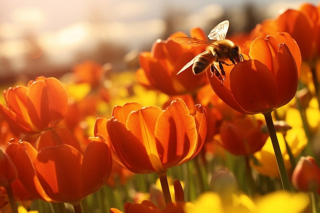 Close up shot of a bee pollinating a tulip flower