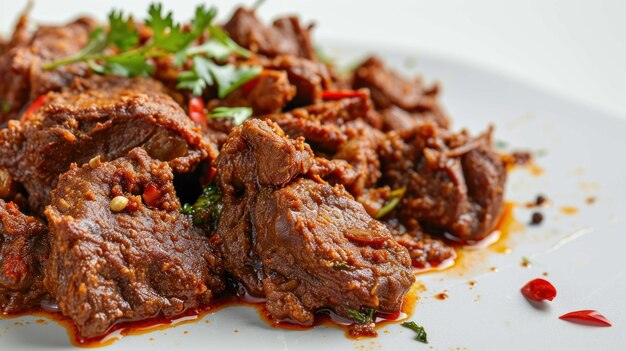 close up shot of Beef Rendang on a white background