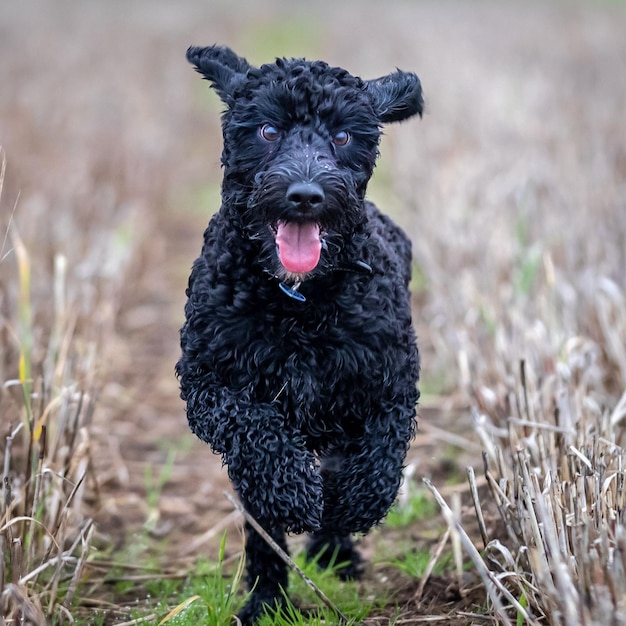 잔디 사이를 달리는 검은색 Labradoodle의 클로즈업 샷